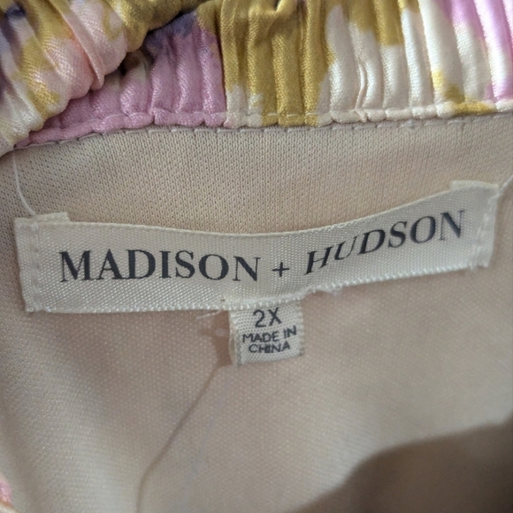 Madison+ Hudson Pink/Gold/Purple Floral Midi Faux Wrap Dress with Dolman Sleeves - Picture 12 of 12